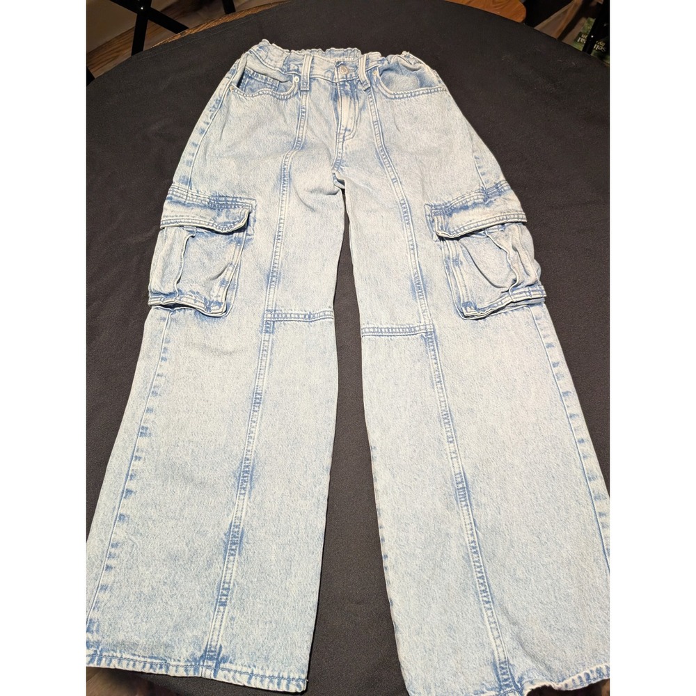 Old Navy Kids High-Rise Baggy Cargo Jeans Light Wash Denim Size 14 Wide Leg
